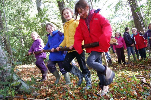 Children doing woodland workout exercises at a forest school