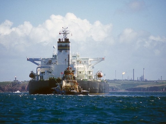 An oil tanker offloading its cargo at Milford Haven oil refinery in Pembrokeshire